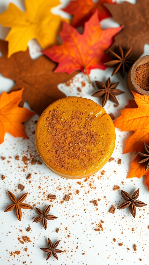 A pumpkin spice dessert surrounded by autumn leaves and spices.