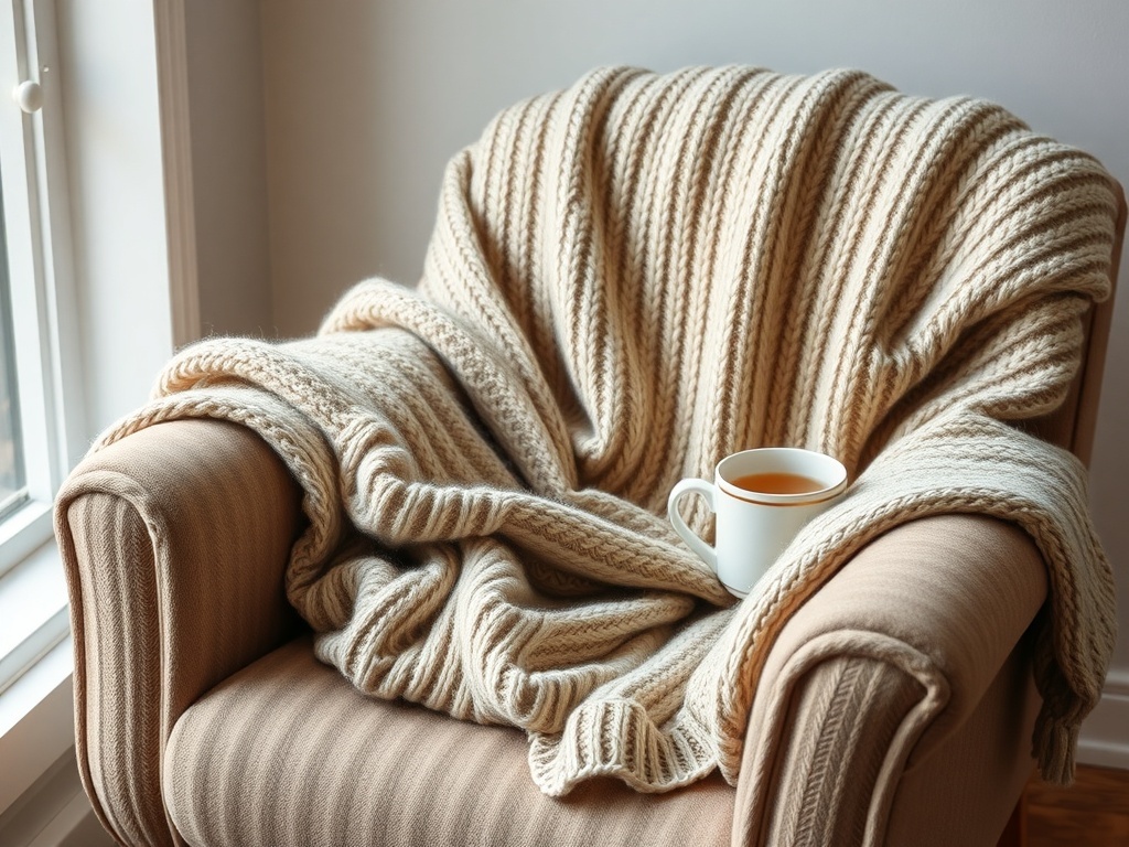 A cozy cashmere sweater draped over a chair with a cup of tea beside it.