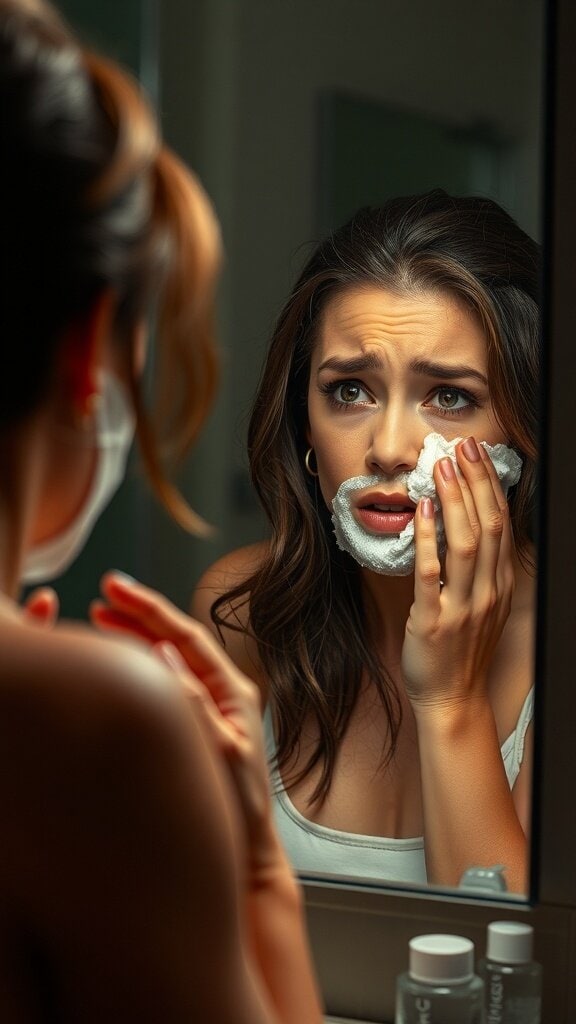 A woman looking concerned while using a harsh cleanser in front of a mirror.
