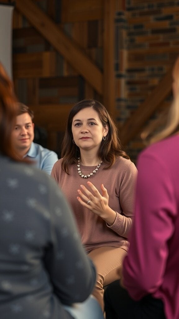 A woman speaking to a group, demonstrating vulnerability in conversation.