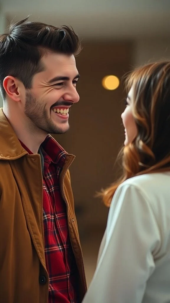 A man smiling at a woman, showcasing a moment of genuine connection.