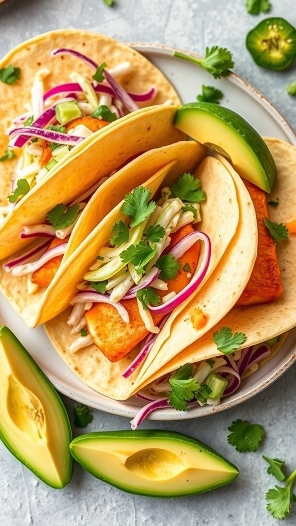 Three fish tacos with cilantro lime slaw and avocado slices on a plate.