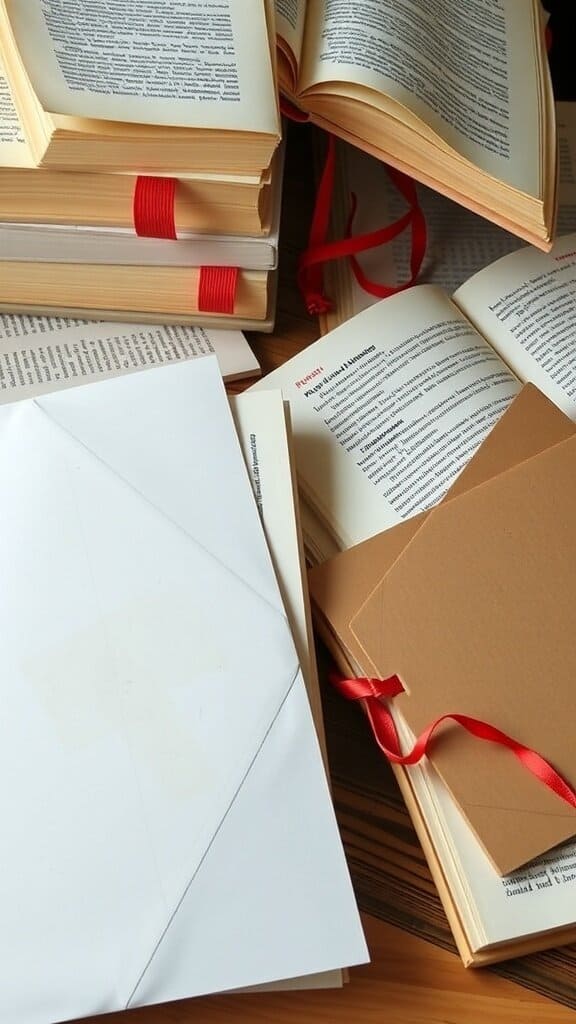 A messy pile of books with some opened and some stacked, alongside envelopes.