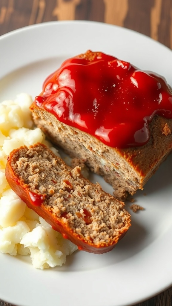 A slice of meatloaf topped with ketchup glaze served with mashed potatoes.