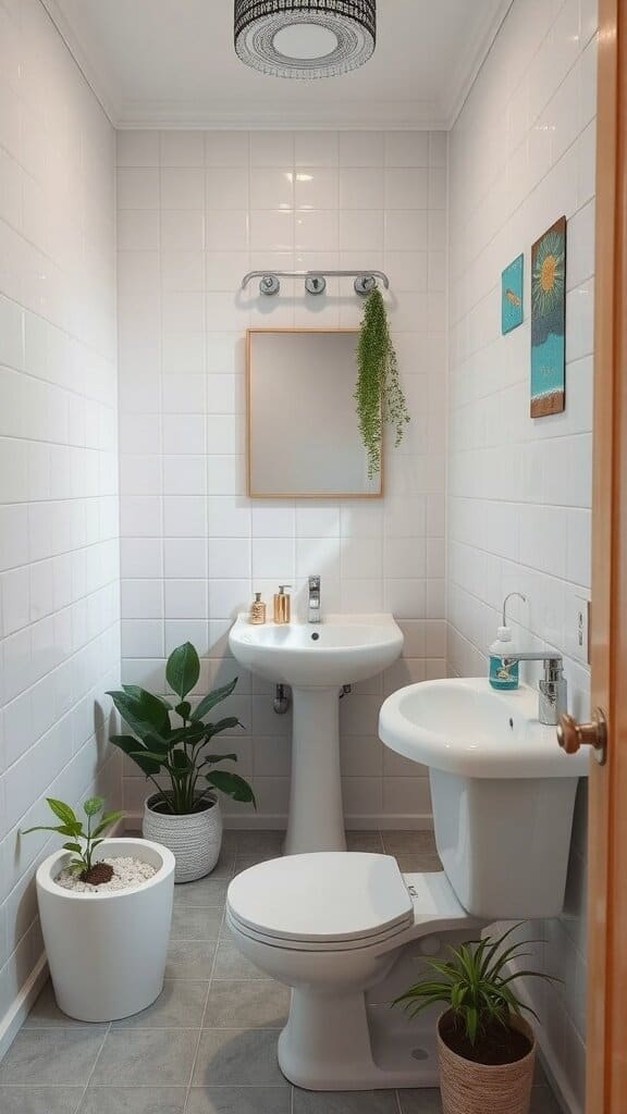 A bright bathroom featuring plants, a mirror, and wall art.