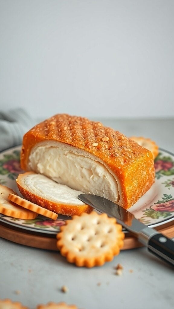 A store-bought cheese log sliced on a plate with crackers.