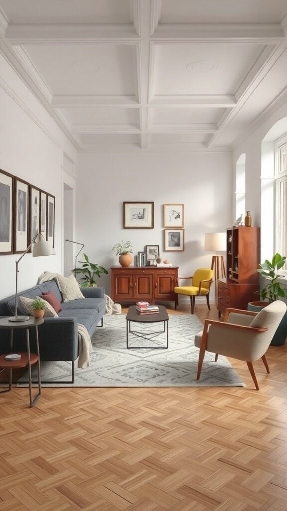 A stylish living room featuring a cozy couch, vibrant chairs, and a modern coffee table.