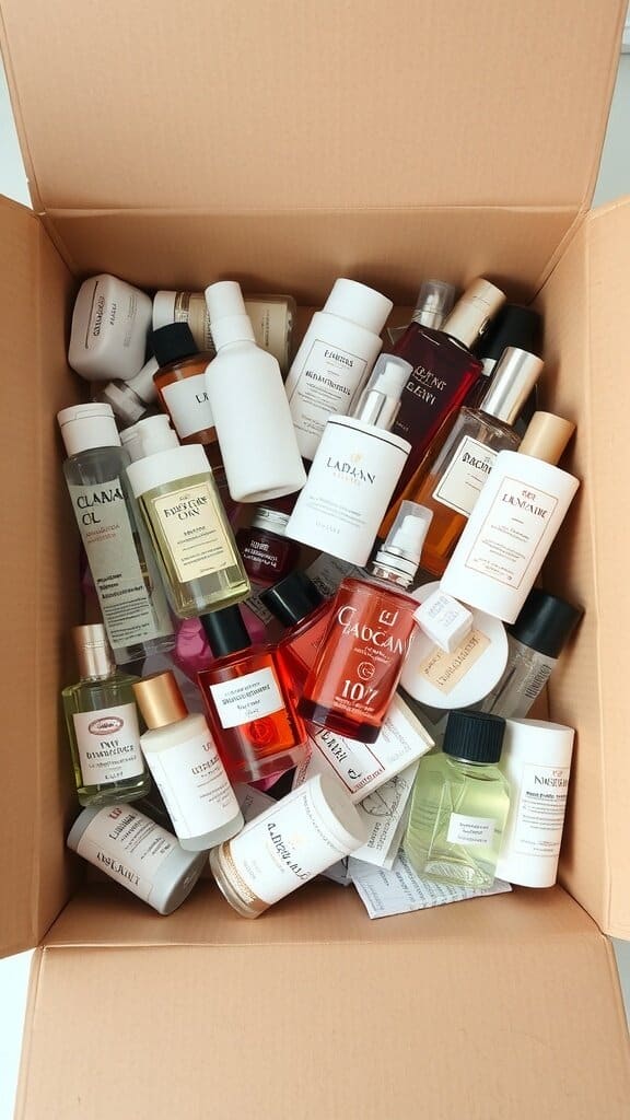 A box filled with various fragrance and beauty products
