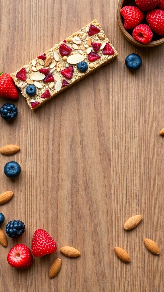 Berry Almond No Bake Energy Bars with fresh berries and almonds on a wooden surface.
