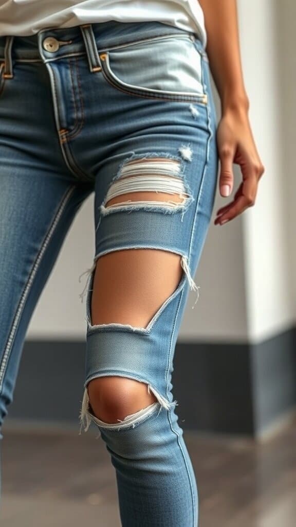 A close-up of a woman's legs wearing skinny jeans with distressed knees.