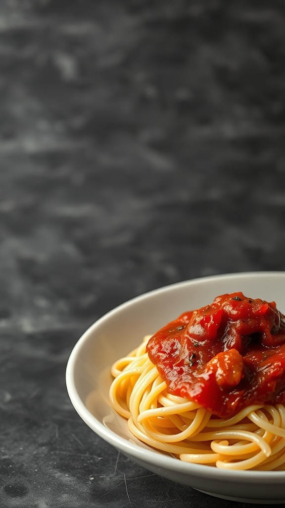 A bowl of cold spaghetti topped with unseasoned marinara sauce.