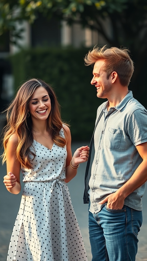 A couple laughing and enjoying playful teasing outdoors.