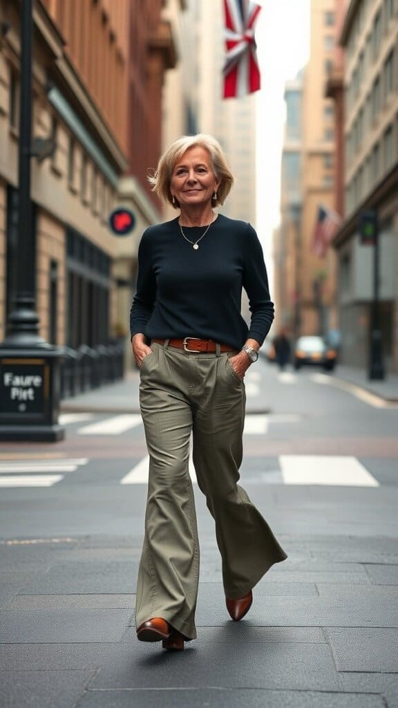 A woman over 50 confidently walking in trendy wide-leg pants and a fitted top on a city street.