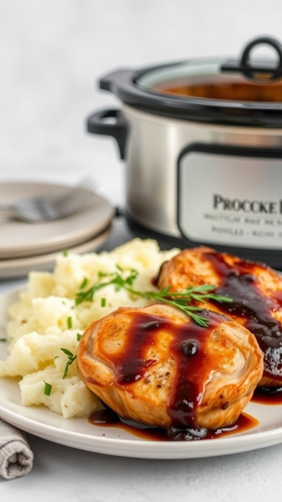 Balsamic glazed pork chops served with mashed potatoes