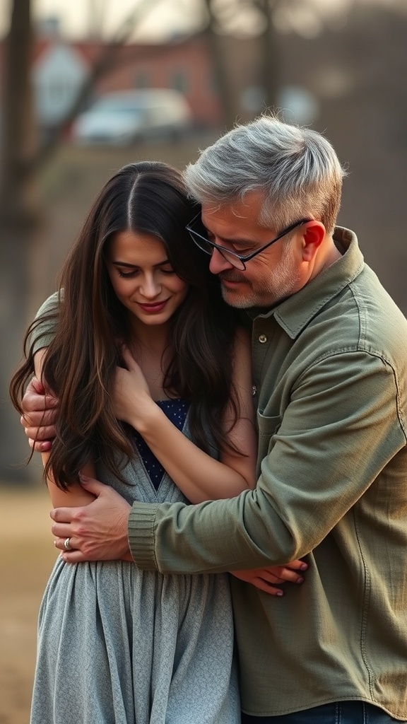 A couple embracing each other in a warm, intimate moment outdoors.