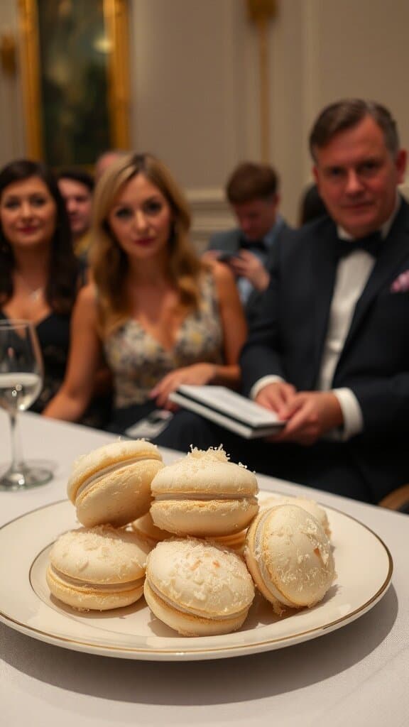 A plate of coconut macaroons on a table with guests in the background.