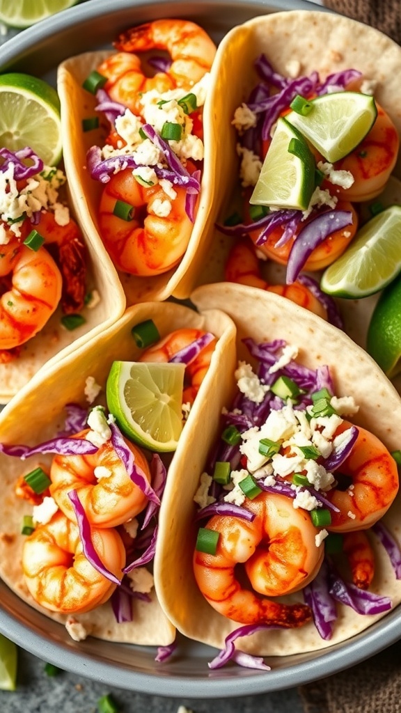 Delicious shrimp tacos with lime, red cabbage, and feta cheese
