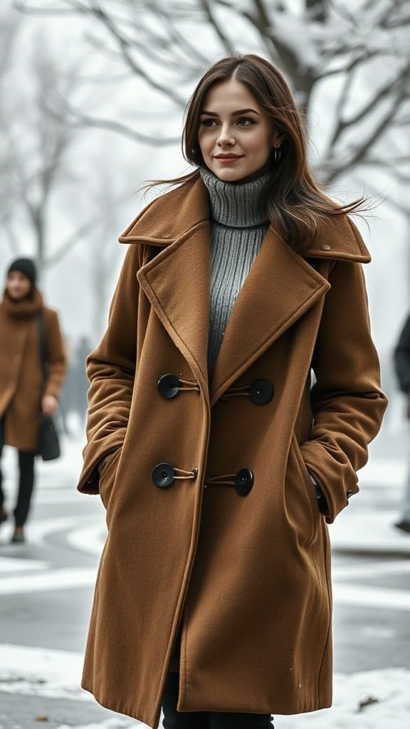 A woman in a stylish brown coat and gray turtleneck, walking in a winter setting.