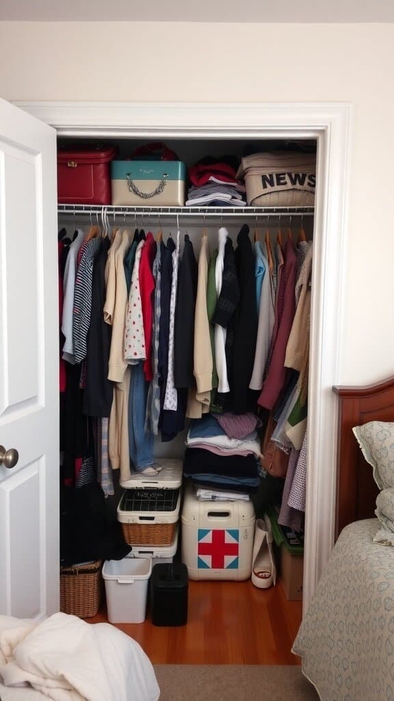 A cluttered closet filled with clothes and storage boxes.