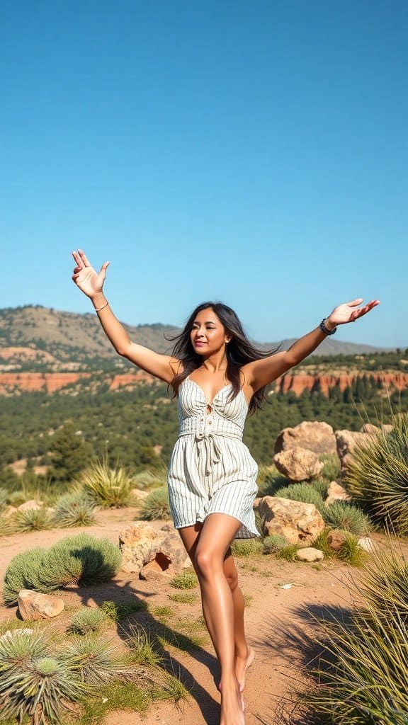 A woman joyfully embracing the outdoors with arms wide open.