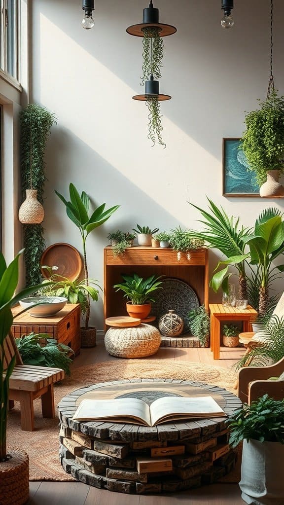 A cozy room filled with plants and natural materials, showcasing a warm and inviting atmosphere.
