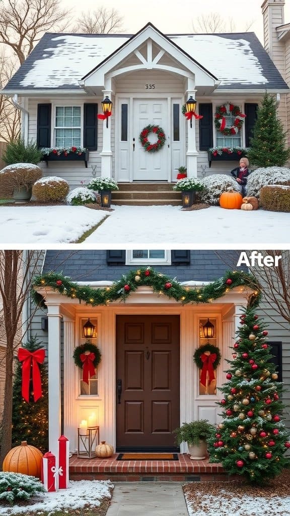 Before and after images of a front porch decorated for the holidays, showing a simple setup and a more festive, colorful arrangement.