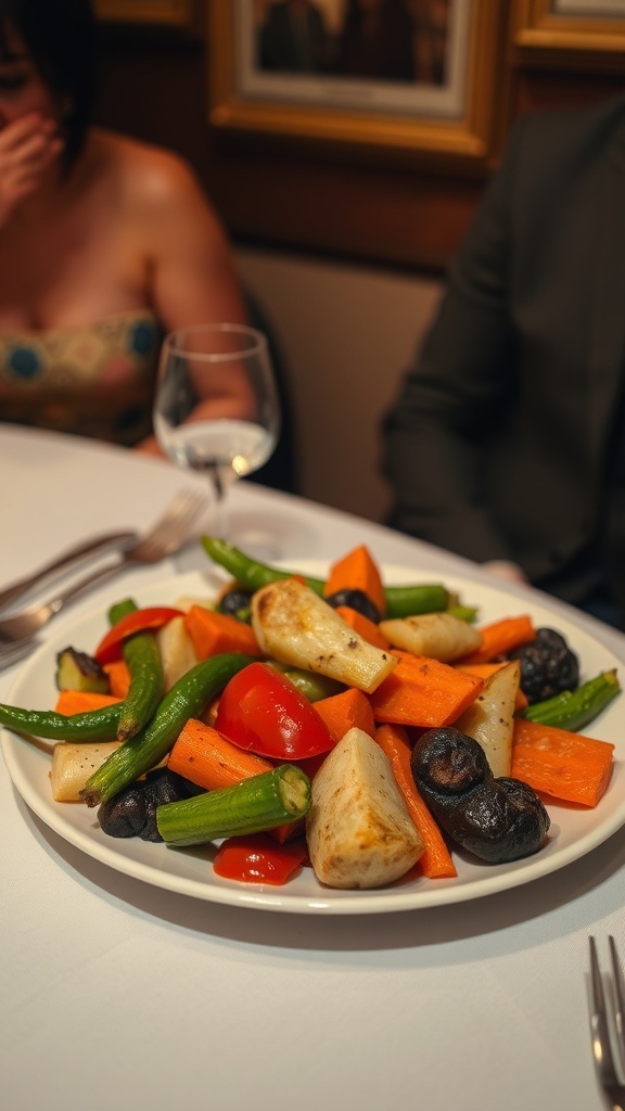 A colorful platter of overcooked vegetables including carrots, green beans, and red peppers.