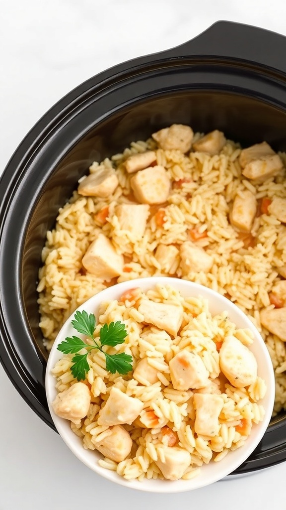 A bowl of bland chicken and rice in a slow cooker.