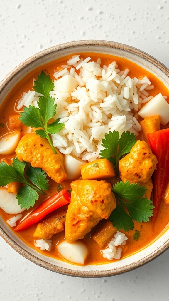 A bowl of coconut curry chicken with rice and colorful vegetables