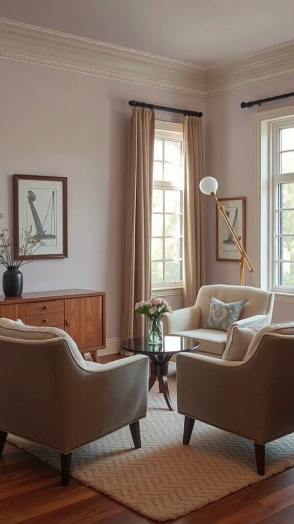 A cozy seating area in a bedroom featuring two plush chairs, a small table with flowers, and natural light from the windows.