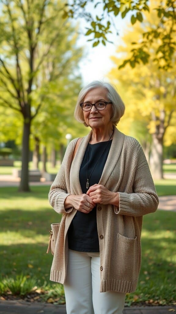 A woman over 50 wearing a beige cardigan, black top, and white pants, standing in a park with yellow trees.