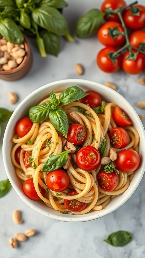 A bowl of pesto pasta with cherry tomatoes, garnished with fresh basil and pine nuts.