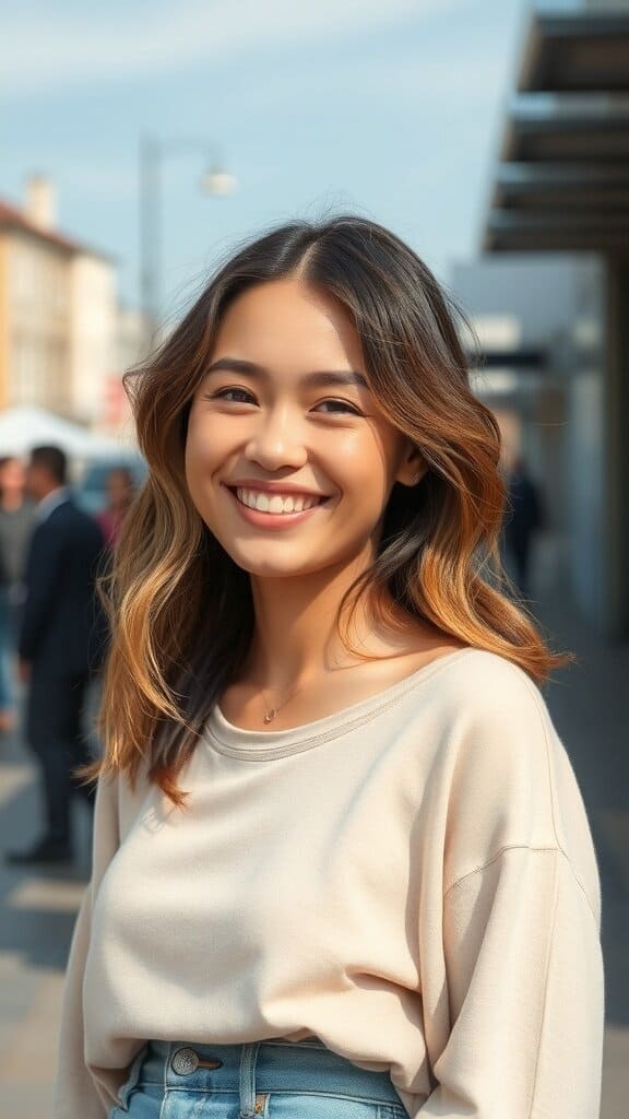 A young woman smiling confidently outdoors, wearing a casual outfit.