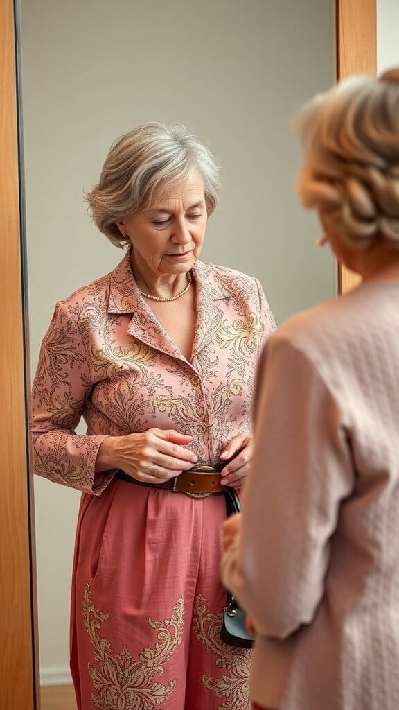 A woman over 50 adjusting her belt while trying on an outfit in front of a mirror.