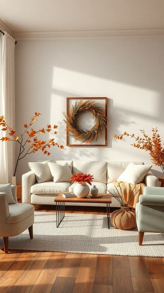 A cozy living room decorated for autumn with a beige couch, orange leaves, and a wreath.