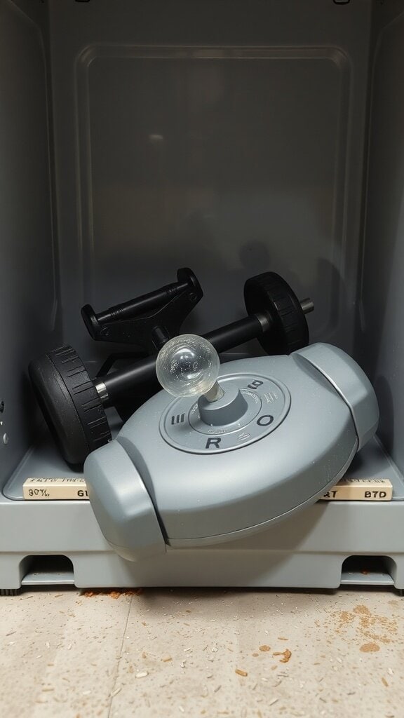 A compact weight set and a piece of fitness equipment stored away in a box.