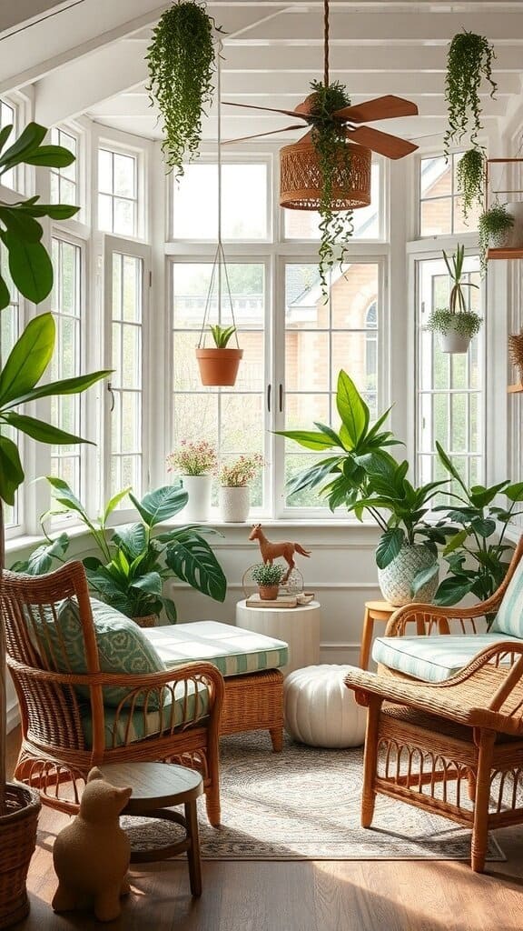 A cozy sunroom featuring wicker furniture, lush plants, and natural light.