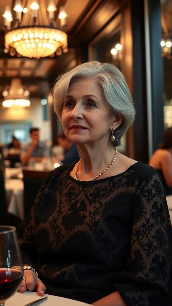 A woman over 50 wearing an elegant black evening blouse in a restaurant setting.