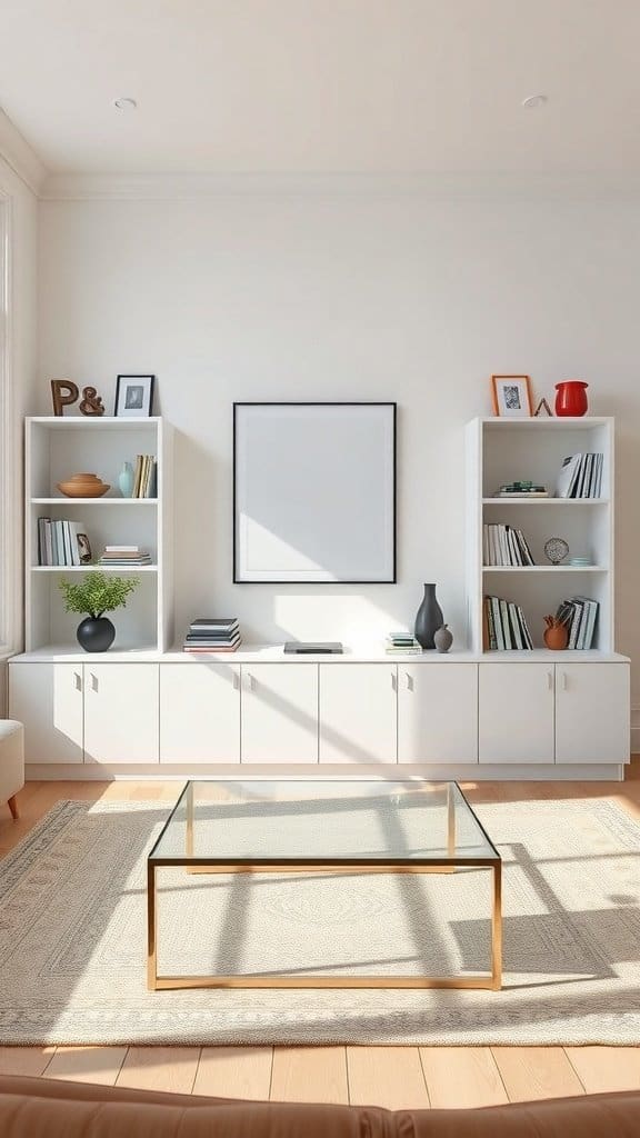 A bright and uncluttered living room with white shelves and a glass coffee table.