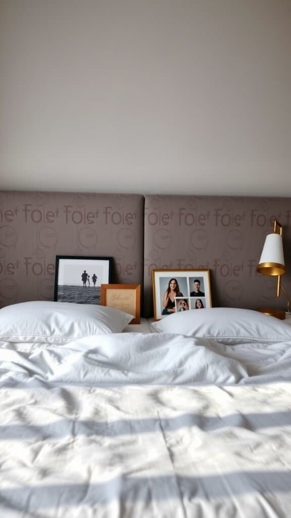A modern bed with personalized bedside decor, featuring framed photos and a stylish lamp.