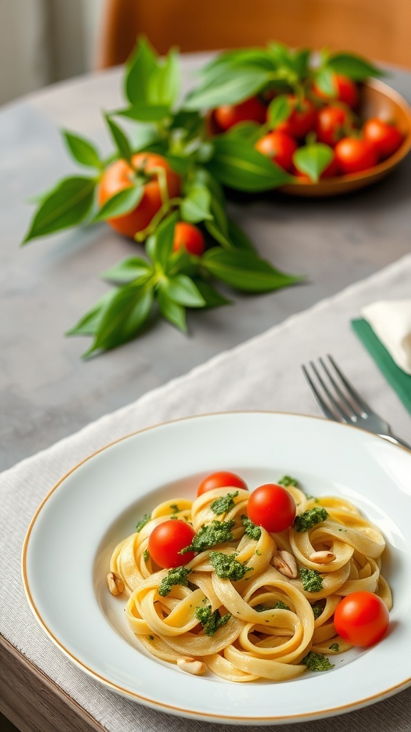 A plate of pesto pasta with cherry tomatoes, garnished with basil leaves.