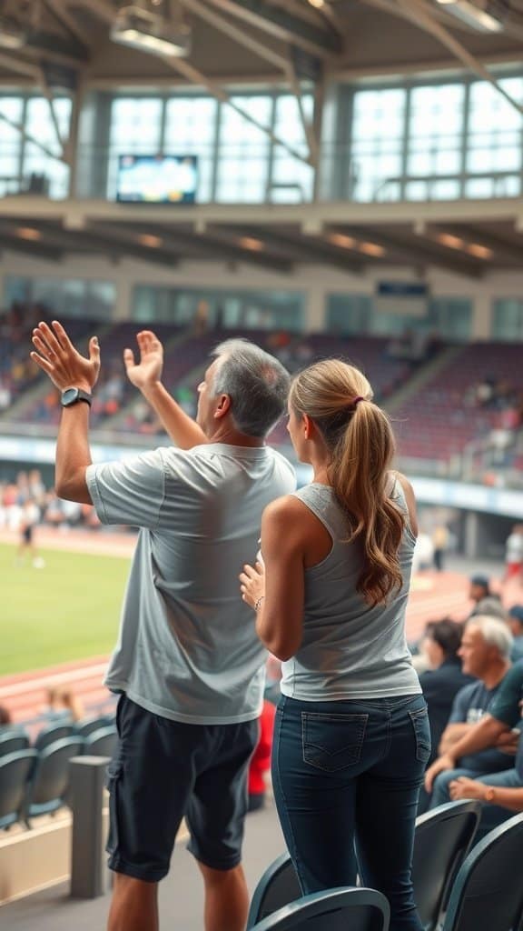 A couple cheering together at a sports event, showing support and encouragement.