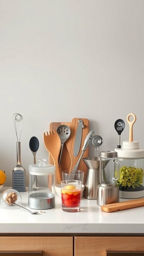 A collection of multi-functional cooking gadgets on a kitchen countertop.
