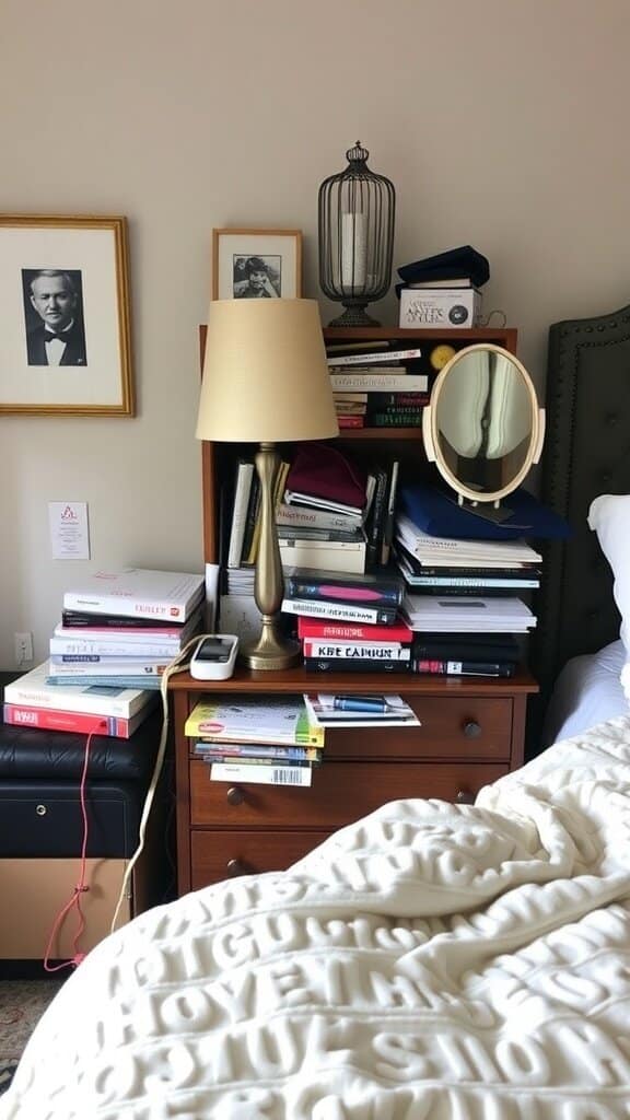 A cluttered nightstand filled with books, papers, and personal items.
