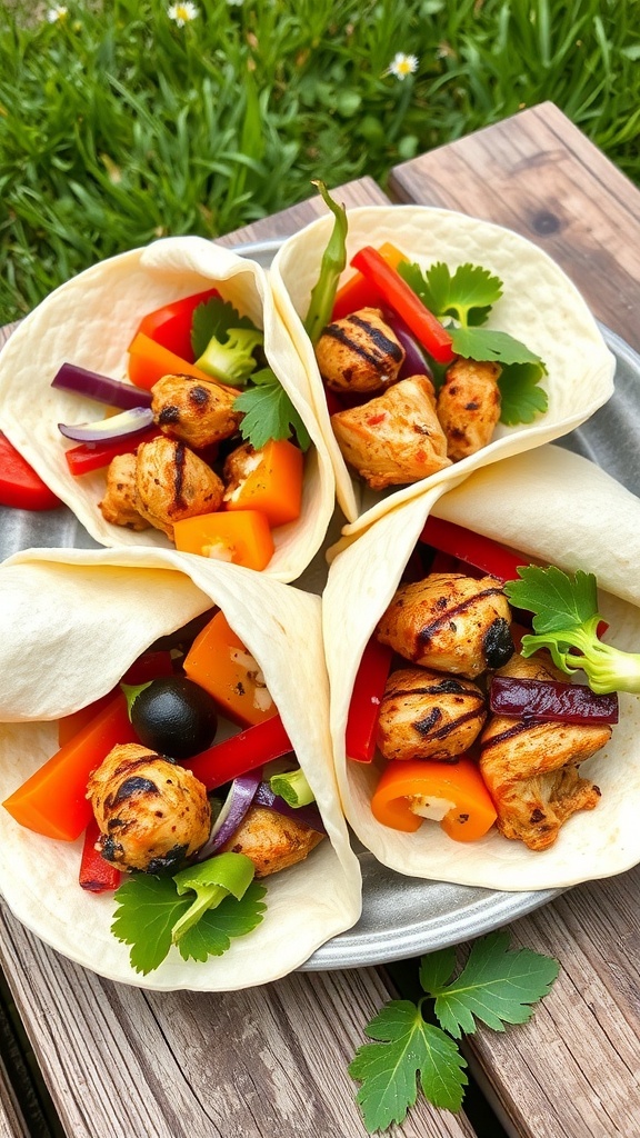 BBQ Chicken Wraps with grilled chicken and fresh vegetables in tortillas.