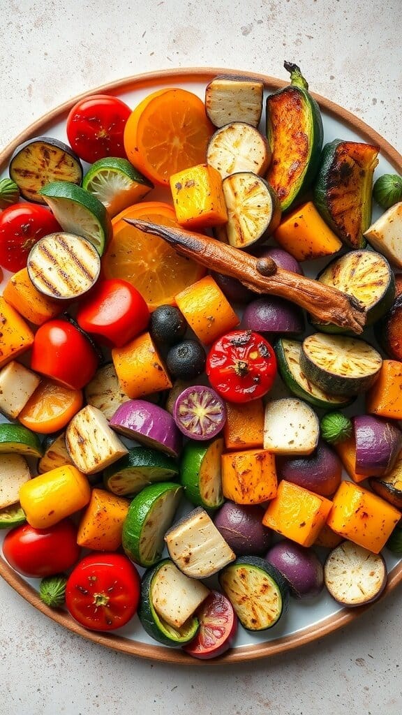A vibrant grilled vegetable platter featuring zucchini, bell peppers, eggplant, and tomatoes.
