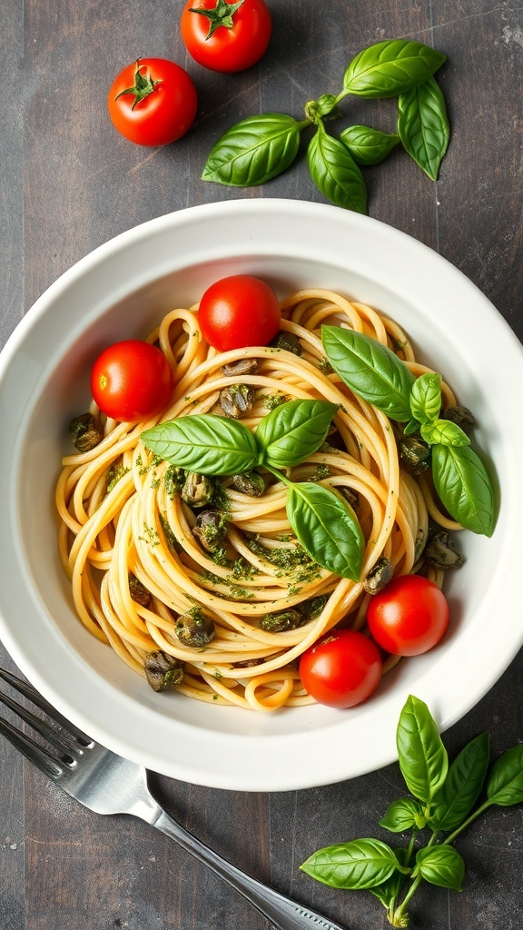 A bowl of pesto pasta with cherry tomatoes and fresh basil leaves.