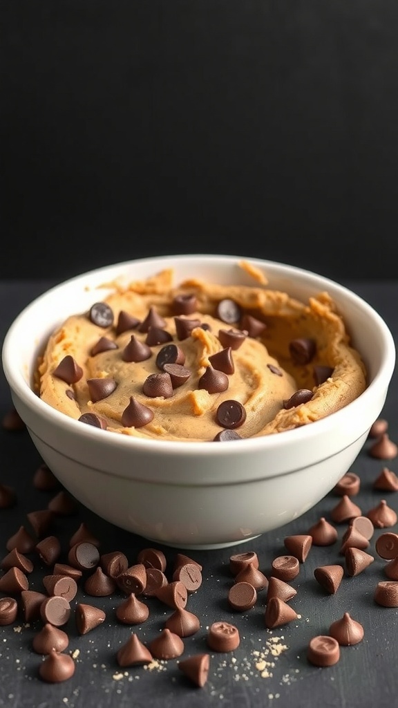 Bowl of peanut butter chocolate chip cookie dough topped with chocolate chips