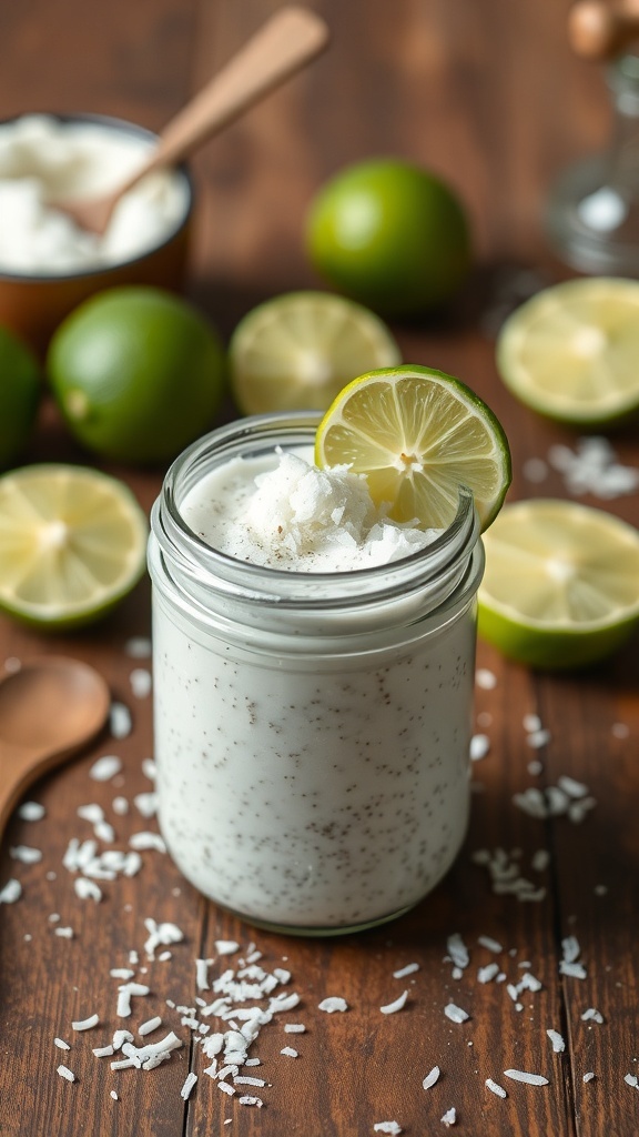 A jar of coconut lime chia pudding topped with a lime slice, surrounded by fresh limes and shredded coconut.