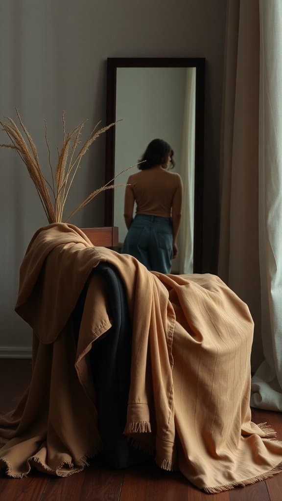 A cozy setting with earthy-toned fabrics draped over a chair, reflecting a woman in the mirror.